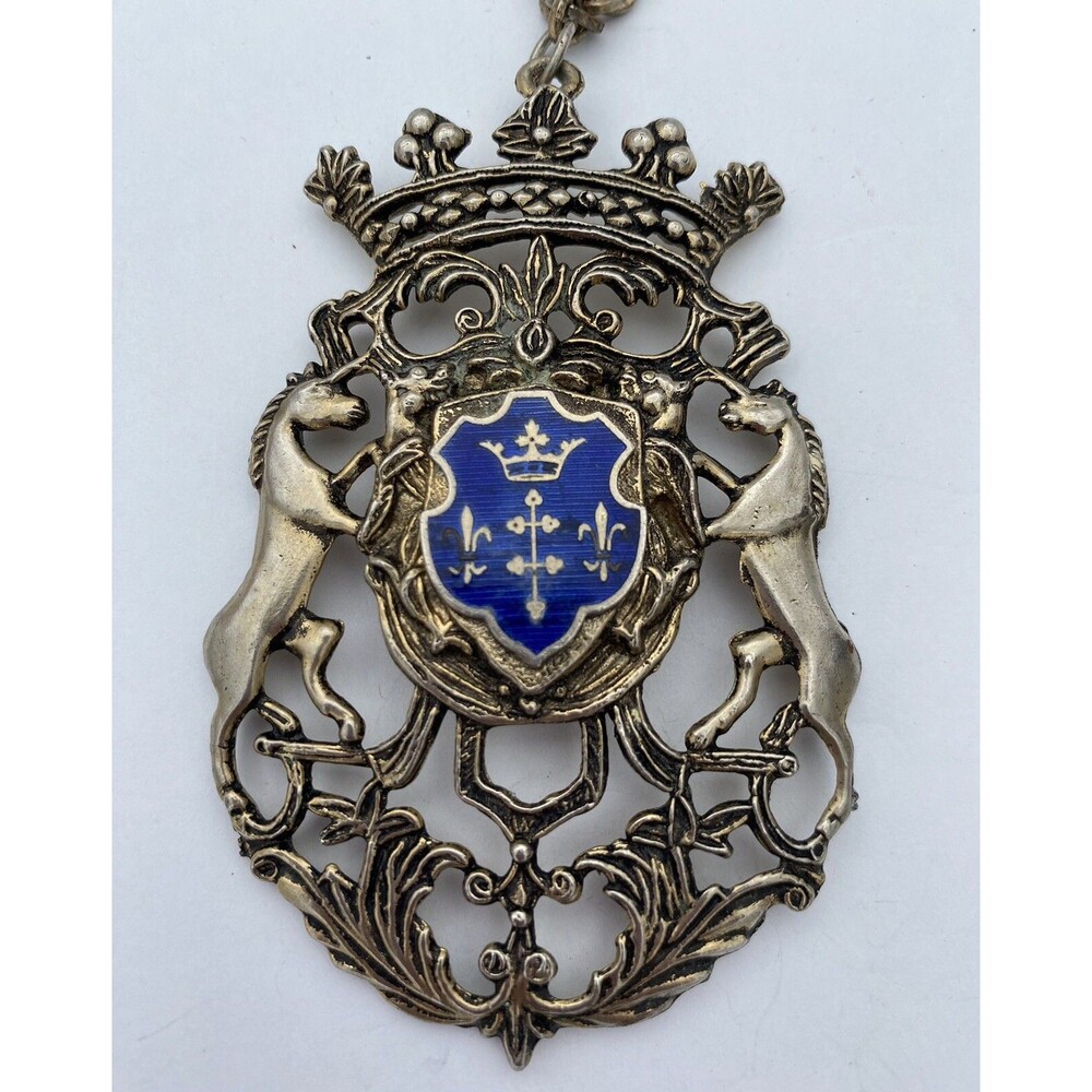 Vintage Crown Shield Fleur-de-lis Unicorn Large Goldtone Metal Pendant Necklace